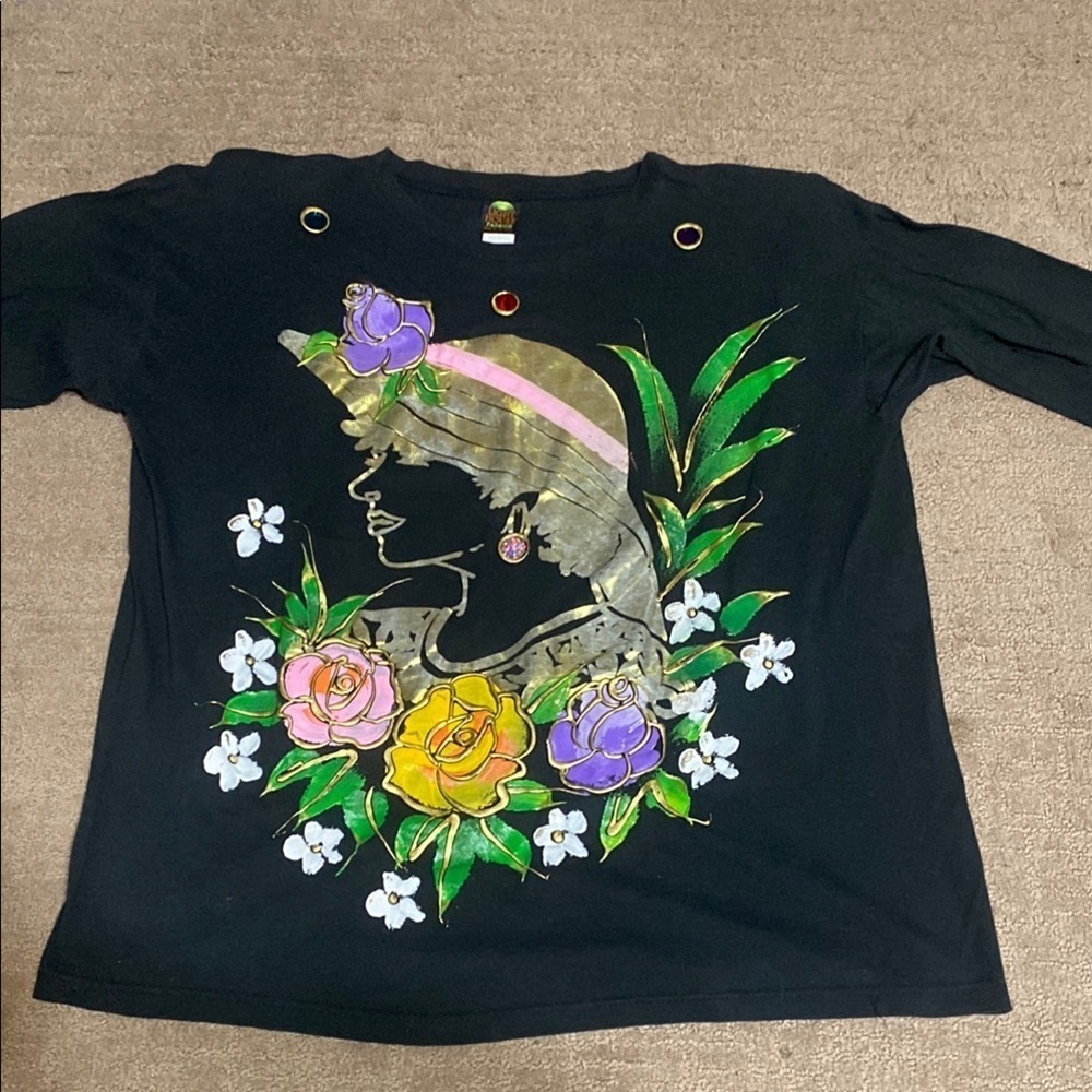 Vintage Whimsigoth Black Embellished 3/4 Sleeve Tee with Tropical Graphic